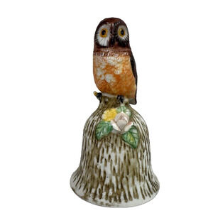Brinn's Ceramic Barn Owl w/Pink Flower Dinner Bell PGH, PA Hand Painted VTG